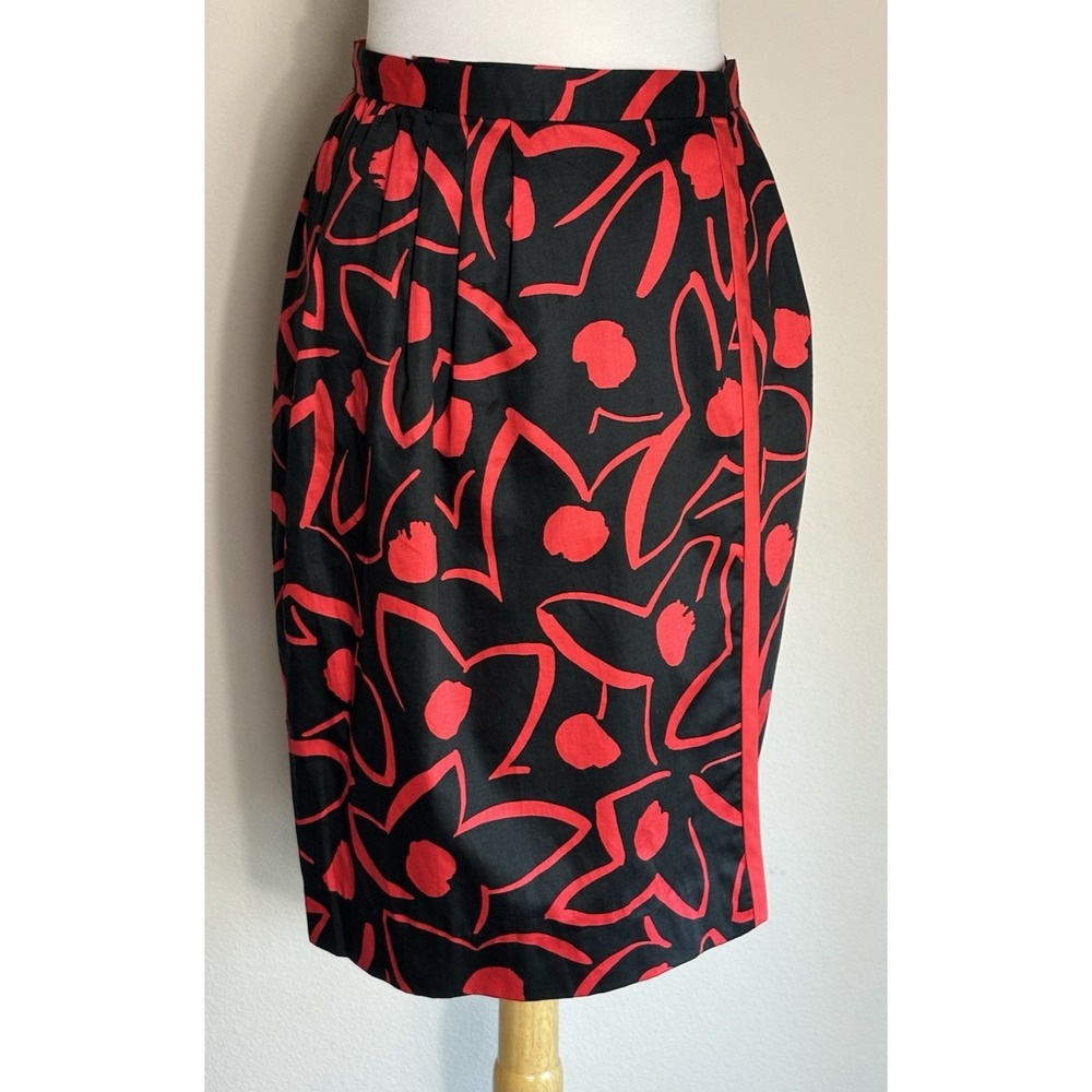 Carlisle Floral Print Red Black Wrap Look Career Cotton Knee Length Skirt Sz 8